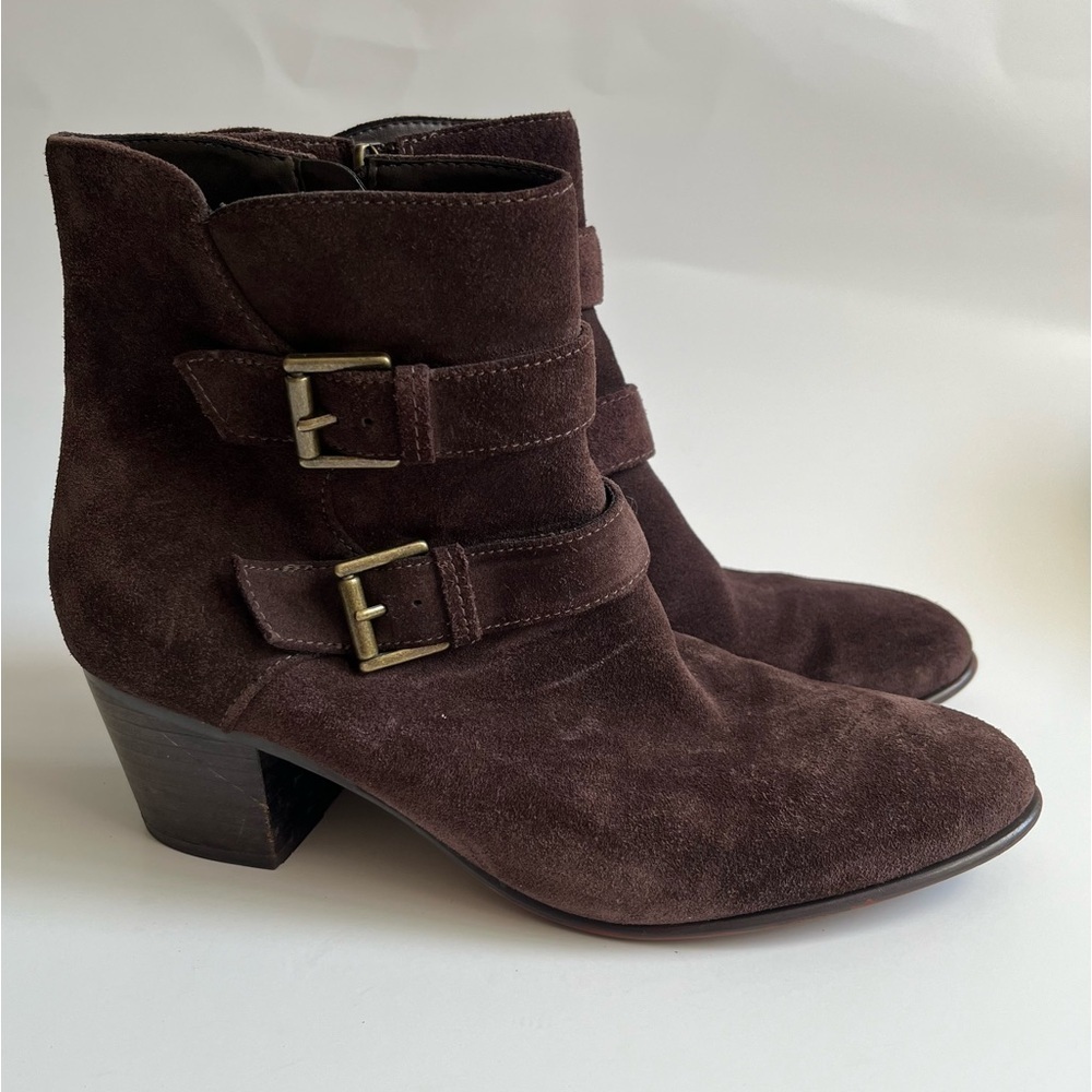 CLARKS- Dark Purple Heel Ankle Boots with Buckle Design Size 8.5